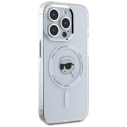 Husa MagSafe pentru Apple iPhone 15 Pro, Karl Lagerfeld, IML Metal Karl's Head, Alba