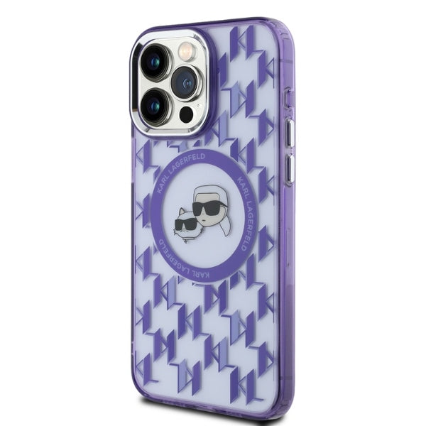 Husa MagSafe pentru Apple iPhone 15 Pro, Karl Lagerfeld, IML Monogram Karl & Choupette's Heads, Mov