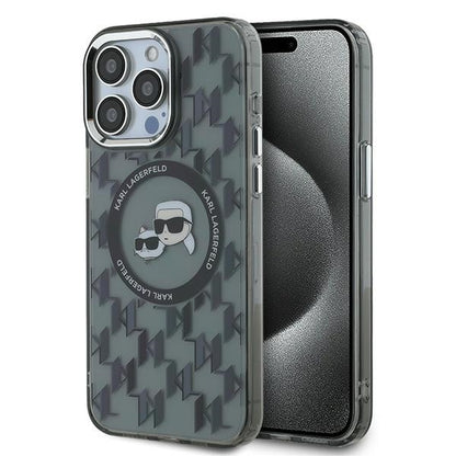Husa MagSafe pentru Apple iPhone 15 Pro, Karl Lagerfeld, IML Monogram Karl & Choupette's Heads, Neagra