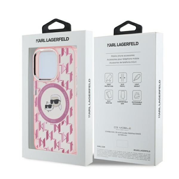 Husa MagSafe pentru Apple iPhone 15 Pro, Karl Lagerfeld, IML Monogram Karl & Choupette's Heads, Roz