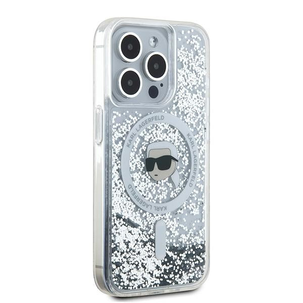 Husa MagSafe pentru Apple iPhone 15 Pro, Karl Lagerfeld, Liquid Glitter Karl's Head, Transparenta