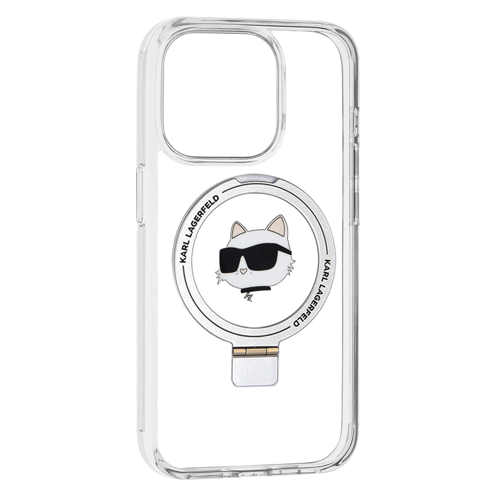 Husa MagSafe pentru Apple iPhone 15 Pro, Karl Lagerfeld, Ring Stand Choupette's Head, Alba