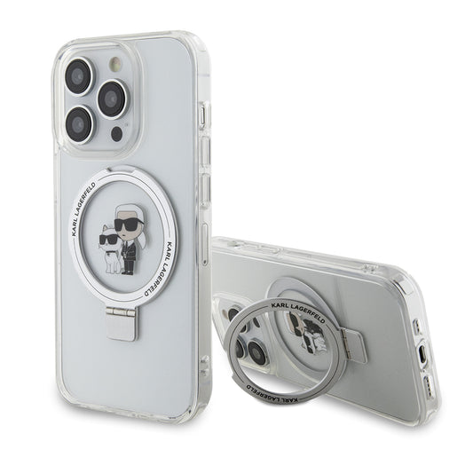 Husa MagSafe pentru Apple iPhone 15 Pro, Karl Lagerfeld, Ring Stand Karl & Choupette, Alba