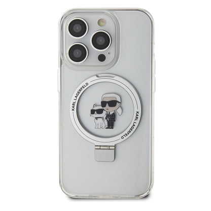 Husa MagSafe pentru Apple iPhone 15 Pro, Karl Lagerfeld, Ring Stand Karl & Choupette, Alba