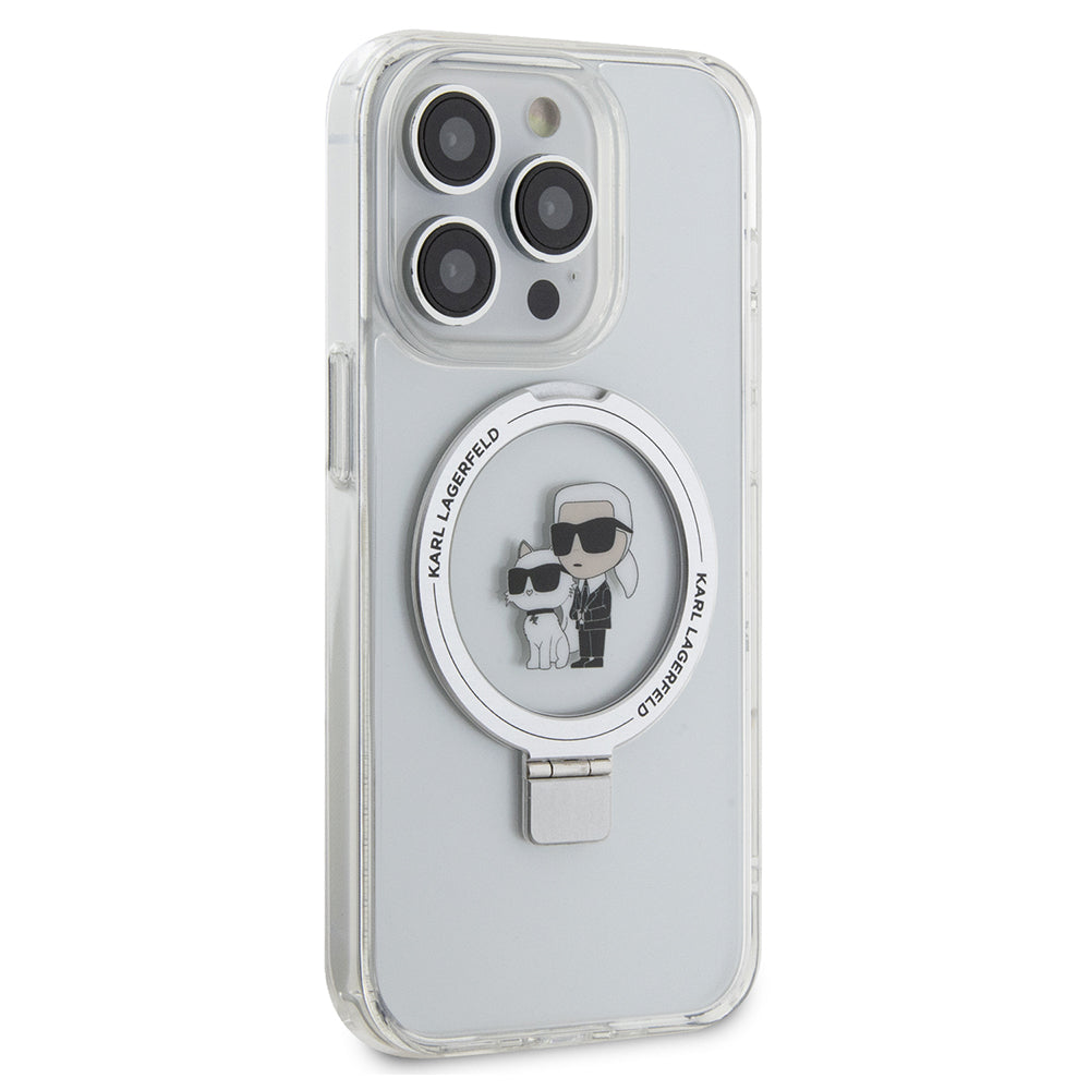 Husa MagSafe pentru Apple iPhone 15 Pro, Karl Lagerfeld, Ring Stand Karl & Choupette, Alba