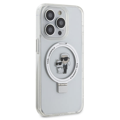 Husa MagSafe pentru Apple iPhone 15 Pro, Karl Lagerfeld, Ring Stand Karl & Choupette, Alba