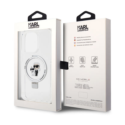Husa MagSafe pentru Apple iPhone 15 Pro, Karl Lagerfeld, Ring Stand Karl & Choupette, Alba