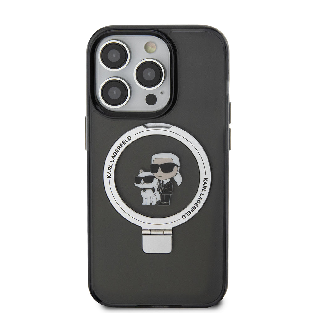 Husa MagSafe pentru Apple iPhone 15 Pro, Karl Lagerfeld, Ring Stand Karl & Choupette, Neagra