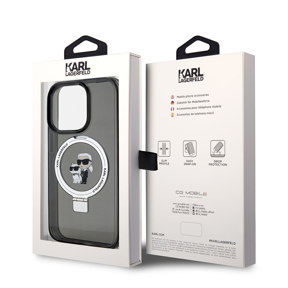 Husa MagSafe pentru Apple iPhone 15 Pro, Karl Lagerfeld, Ring Stand Karl & Choupette, Neagra