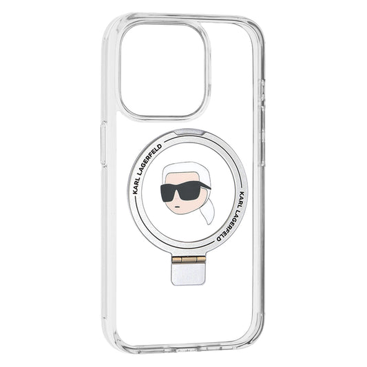 Husa MagSafe pentru Apple iPhone 15 Pro, Karl Lagerfeld, Ring Stand Karl's Head, Alba