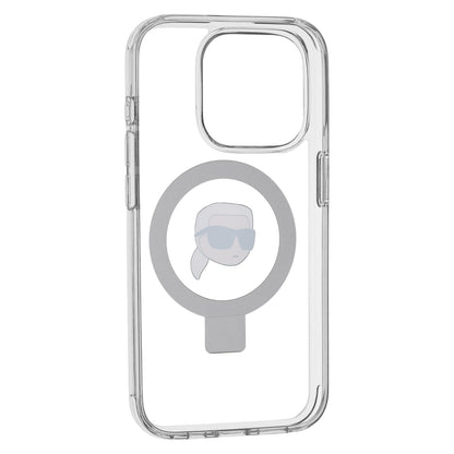 Husa MagSafe pentru Apple iPhone 15 Pro, Karl Lagerfeld, Ring Stand Karl's Head, Alba