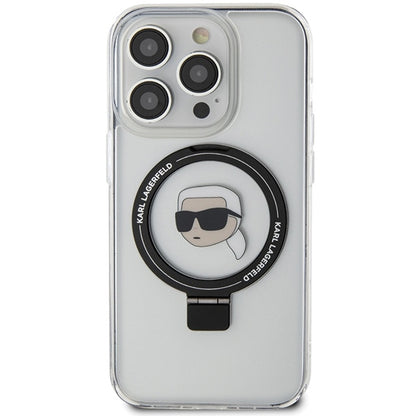 Husa MagSafe pentru Apple iPhone 15 Pro, Karl Lagerfeld, Ring Stand Karl's Head, Alba