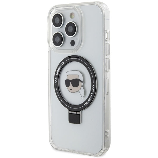 Husa MagSafe pentru Apple iPhone 15 Pro, Karl Lagerfeld, Ring Stand Karl's Head, Alba