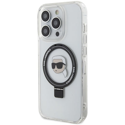 Husa MagSafe pentru Apple iPhone 15 Pro, Karl Lagerfeld, Ring Stand Karl's Head, Alba