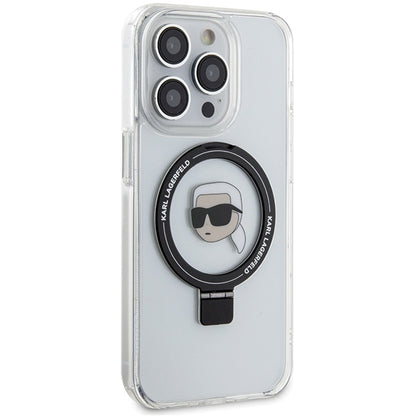 Husa MagSafe pentru Apple iPhone 15 Pro, Karl Lagerfeld, Ring Stand Karl's Head, Alba