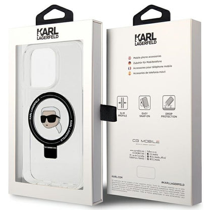 Husa MagSafe pentru Apple iPhone 15 Pro, Karl Lagerfeld, Ring Stand Karl's Head, Alba