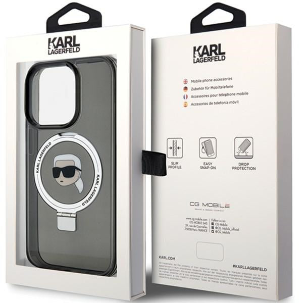 Husa MagSafe pentru Apple iPhone 15 Pro, Karl Lagerfeld, Ring Stand Karl's Head, Neagra