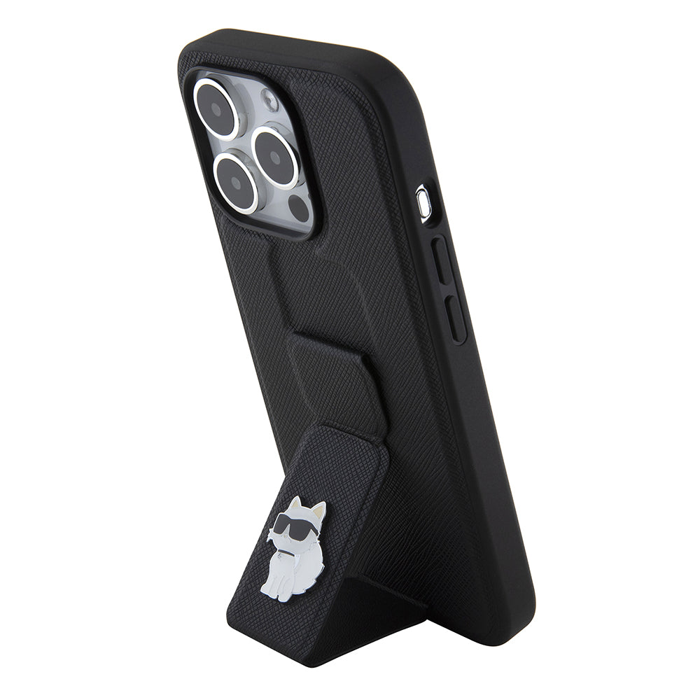 Husa MagSafe pentru Apple iPhone 15 Pro, Karl Lagerfeld, Saffiano Gripstand Choupette, Neagra