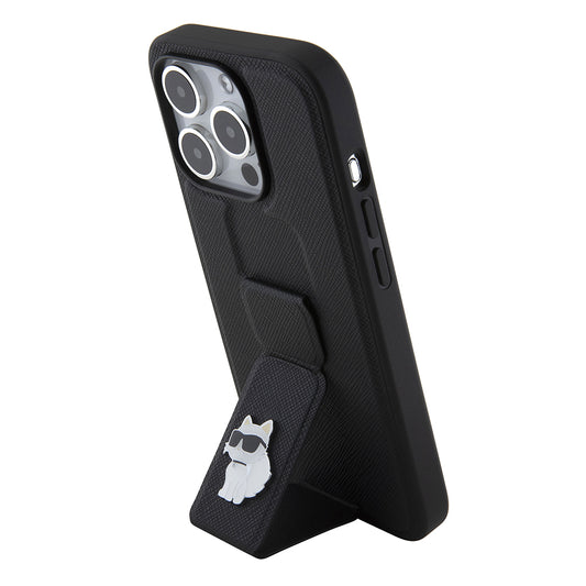 Husa MagSafe pentru Apple iPhone 15 Pro, Karl Lagerfeld, Saffiano Gripstand Choupette, Neagra