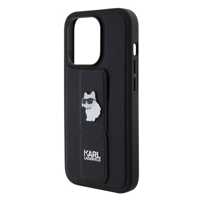 Husa MagSafe pentru Apple iPhone 15 Pro, Karl Lagerfeld, Saffiano Gripstand Choupette, Neagra