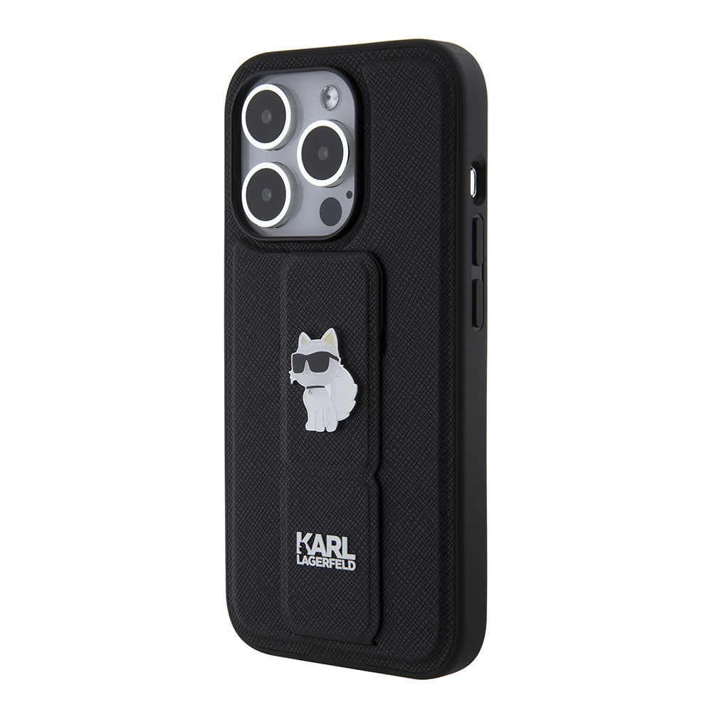 Husa MagSafe pentru Apple iPhone 15 Pro, Karl Lagerfeld, Saffiano Gripstand Choupette, Neagra