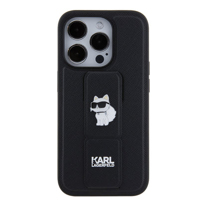 Husa MagSafe pentru Apple iPhone 15 Pro, Karl Lagerfeld, Saffiano Gripstand Choupette, Neagra