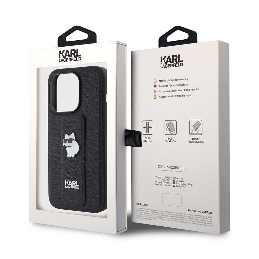 Husa MagSafe pentru Apple iPhone 15 Pro, Karl Lagerfeld, Saffiano Gripstand Choupette, Neagra