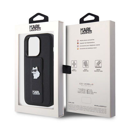 Husa MagSafe pentru Apple iPhone 15 Pro, Karl Lagerfeld, Saffiano Gripstand Choupette, Neagra