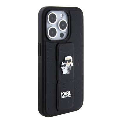 Husa MagSafe pentru Apple iPhone 15 Pro, Karl Lagerfeld, Saffiano Gripstand Karl & Choupette, Neagra