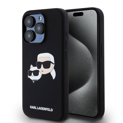 Husa MagSafe pentru Apple iPhone 15 Pro, Karl Lagerfeld, Silicone Karl & Choupette's Heads, Neagra