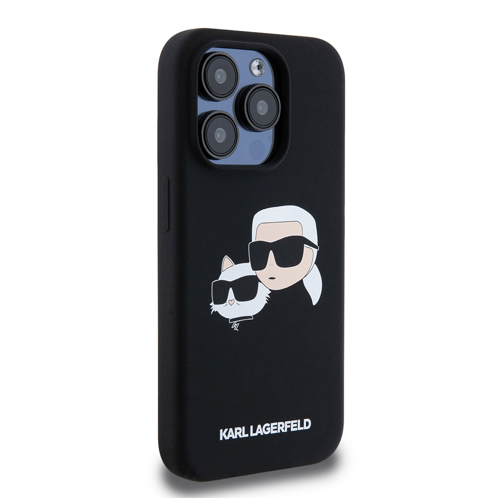 Husa MagSafe pentru Apple iPhone 15 Pro, Karl Lagerfeld, Silicone Karl & Choupette's Heads, Neagra