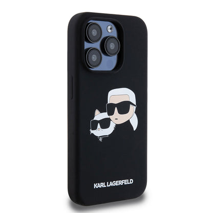 Husa MagSafe pentru Apple iPhone 15 Pro, Karl Lagerfeld, Silicone Karl & Choupette's Heads, Neagra