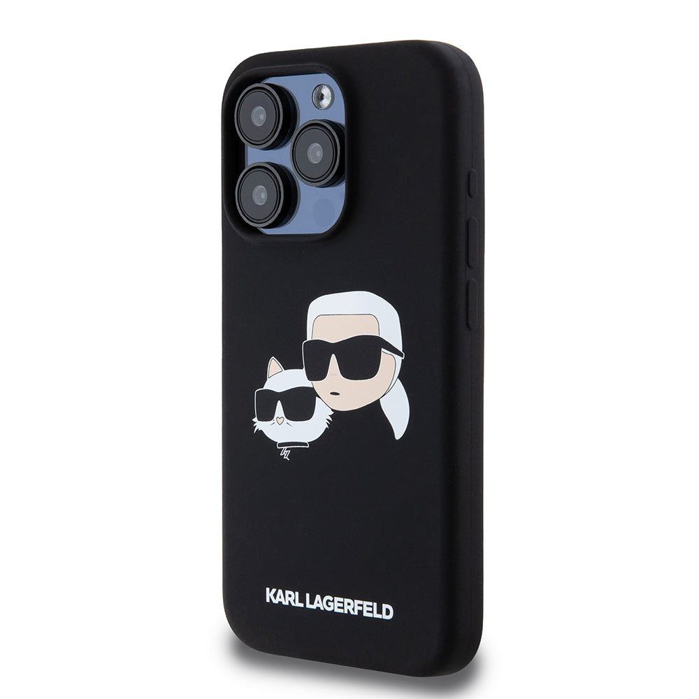 Husa MagSafe pentru Apple iPhone 15 Pro, Karl Lagerfeld, Silicone Karl & Choupette's Heads, Neagra