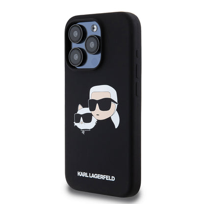 Husa MagSafe pentru Apple iPhone 15 Pro, Karl Lagerfeld, Silicone Karl & Choupette's Heads, Neagra