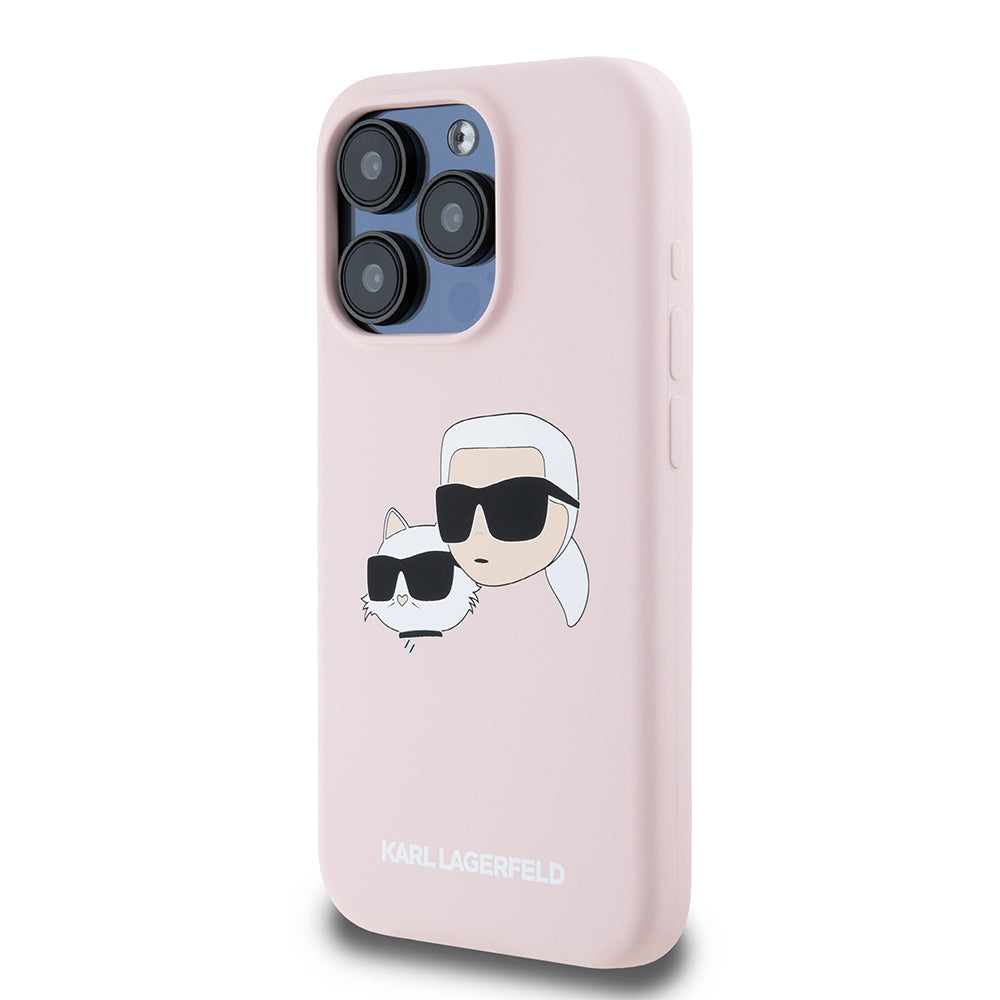 Husa MagSafe pentru Apple iPhone 15 Pro, Karl Lagerfeld, Silicone Karl & Choupette's Heads, Roz
