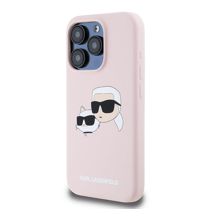 Husa MagSafe pentru Apple iPhone 15 Pro, Karl Lagerfeld, Silicone Karl & Choupette's Heads, Roz