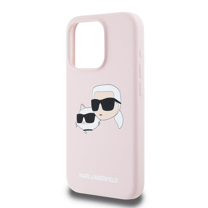 Husa MagSafe pentru Apple iPhone 15 Pro, Karl Lagerfeld, Silicone Karl & Choupette's Heads, Roz