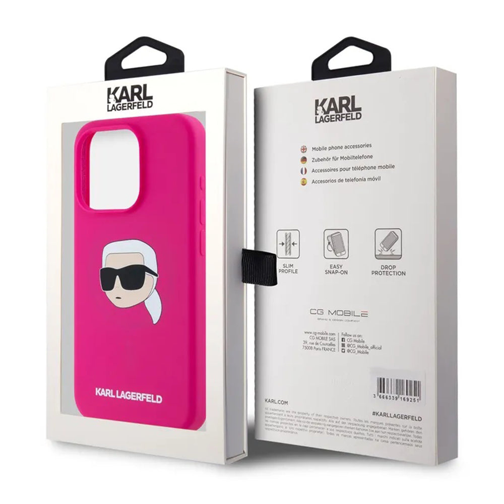 Husa MagSafe pentru Apple iPhone 15 Pro, Karl Lagerfeld, Silicone Karl's Head, Fucsia