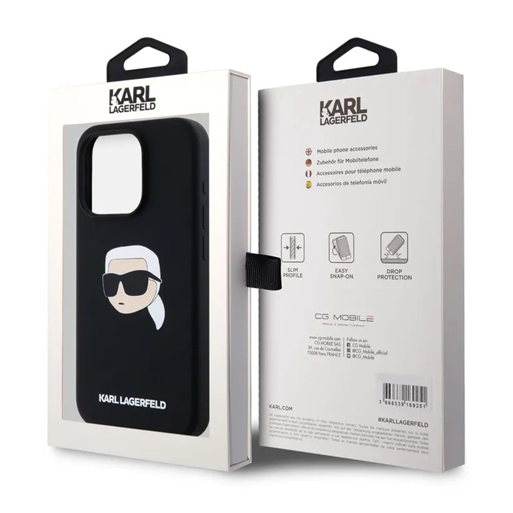 Husa MagSafe pentru Apple iPhone 15 Pro, Karl Lagerfeld, Silicone Karl's Head, Neagra