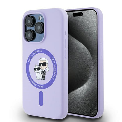 Husa MagSafe pentru Apple iPhone 15 Pro, Karl Lagerfeld, Silicone Ring Karl & Choupette, Mov