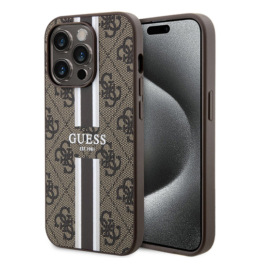 Husa MagSafe pentru Apple iPhone 15 Pro Max, Guess, 4G Printed Stripes, Maro
