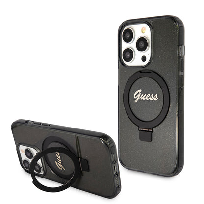 Husa MagSafe pentru Apple iPhone 15 Pro Max, Guess, IML Ring Stand Glitter, Neagra
