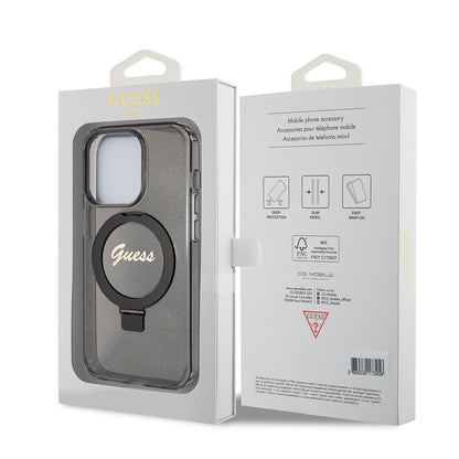 Husa MagSafe pentru Apple iPhone 15 Pro Max, Guess, IML Ring Stand Glitter, Neagra