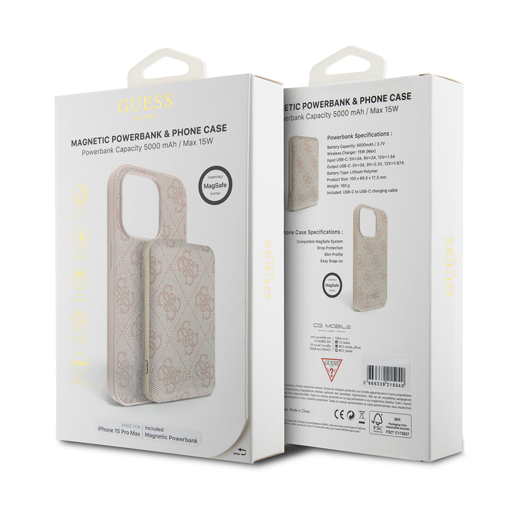 Husa MagSafe pentru Apple iPhone 15 Pro Max, Guess, Powerbank 4G Metal Logo, Roz