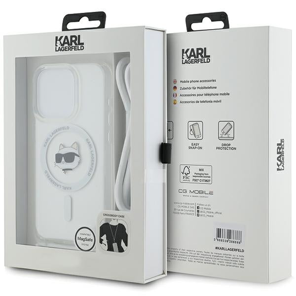 Husa MagSafe pentru Apple iPhone 15 Pro Max, Karl Lagerfeld, IML Crossbody Choupette's Head with Strap, Transparenta