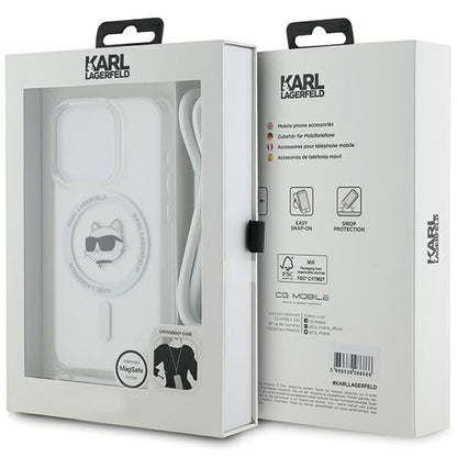 Husa MagSafe pentru Apple iPhone 15 Pro Max, Karl Lagerfeld, IML Crossbody Choupette's Head with Strap, Transparenta