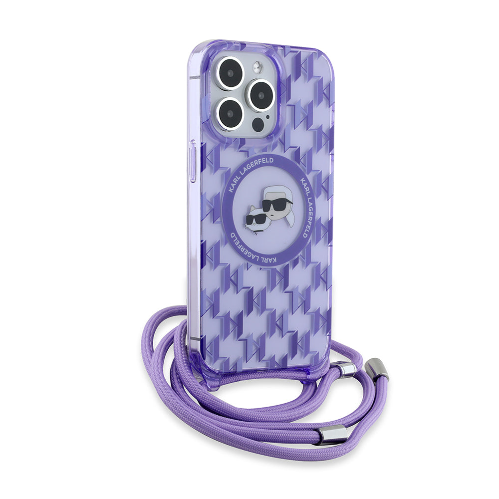 Husa MagSafe pentru Apple iPhone 15 Pro Max, Karl Lagerfeld, IML Crossbody Monogram Karl & Choupette's Heads, Mov