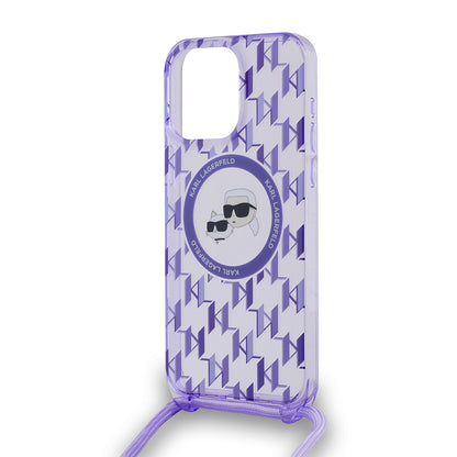 Husa MagSafe pentru Apple iPhone 15 Pro Max, Karl Lagerfeld, IML Crossbody Monogram Karl & Choupette's Heads, Mov