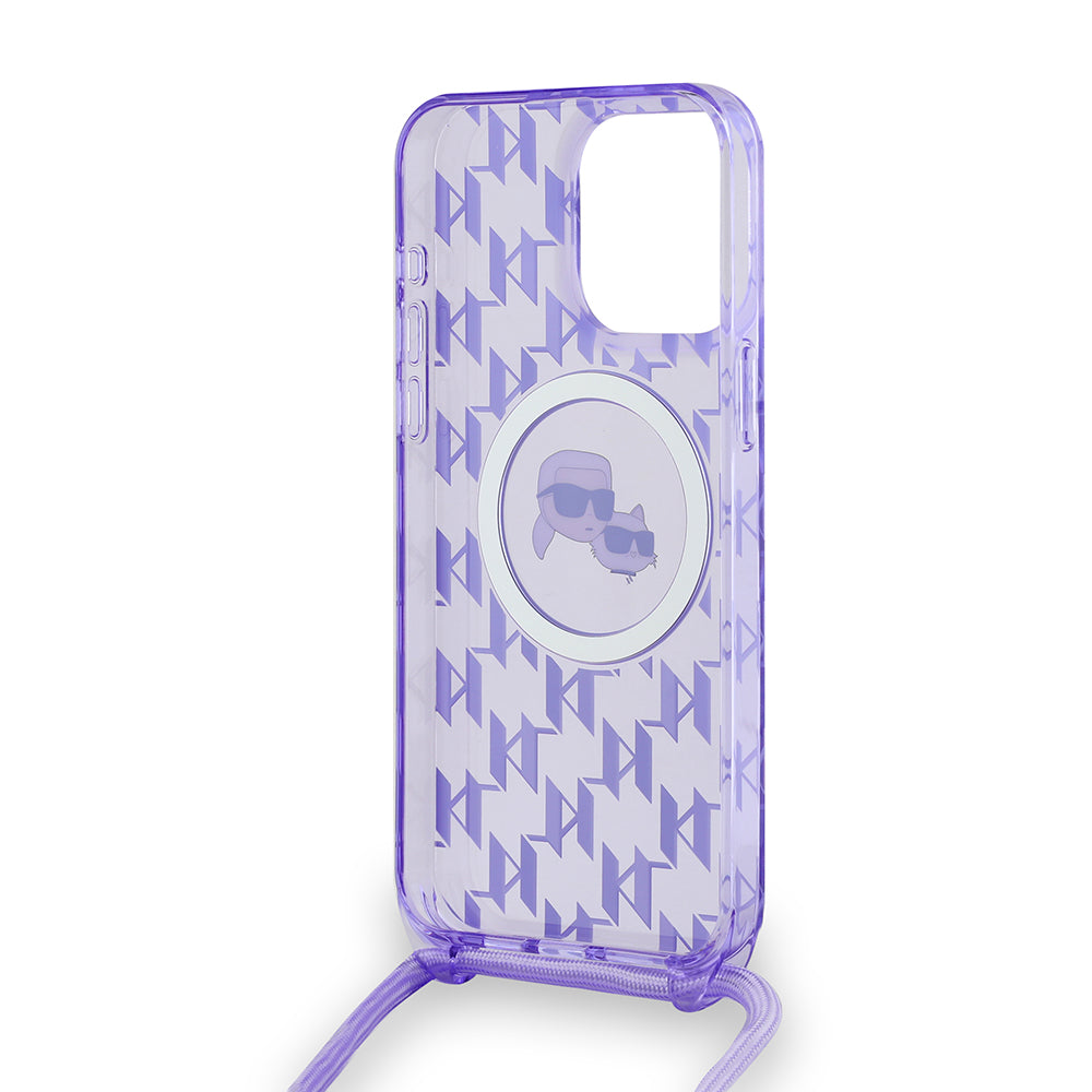 Husa MagSafe pentru Apple iPhone 15 Pro Max, Karl Lagerfeld, IML Crossbody Monogram Karl & Choupette's Heads, Mov