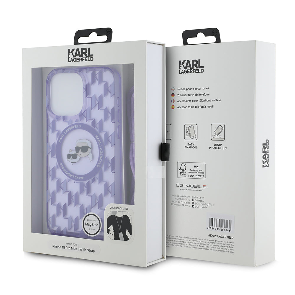 Husa MagSafe pentru Apple iPhone 15 Pro Max, Karl Lagerfeld, IML Crossbody Monogram Karl & Choupette's Heads, Mov